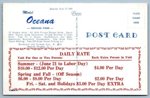 MOTEL OCEANA AÑOS 50 LISTA DE PRECIOS TARIFAS HABITACIÓN ALTURAS MAR NUEVA JERSEY POSTAL NJ - Imagen 2 de 2