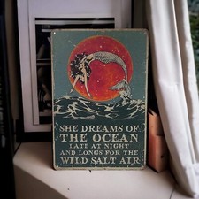 She Dreams Of The Ocean Late Metal Sign 8x12 Mermaid Poster Wall Hanging Decor