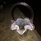 Vintage FENTON Light Pink Crest Glass Basket White Opalescent Diamond. Signed