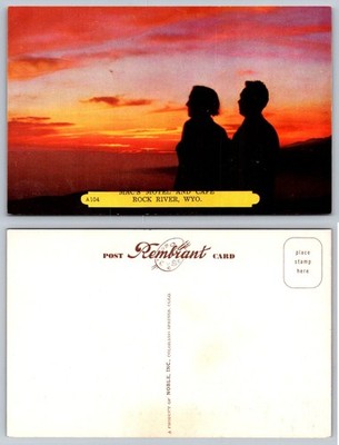 Vintage Rock River WY Postcard Macs Motel Cafe Sunset Silhouettes Rembrant