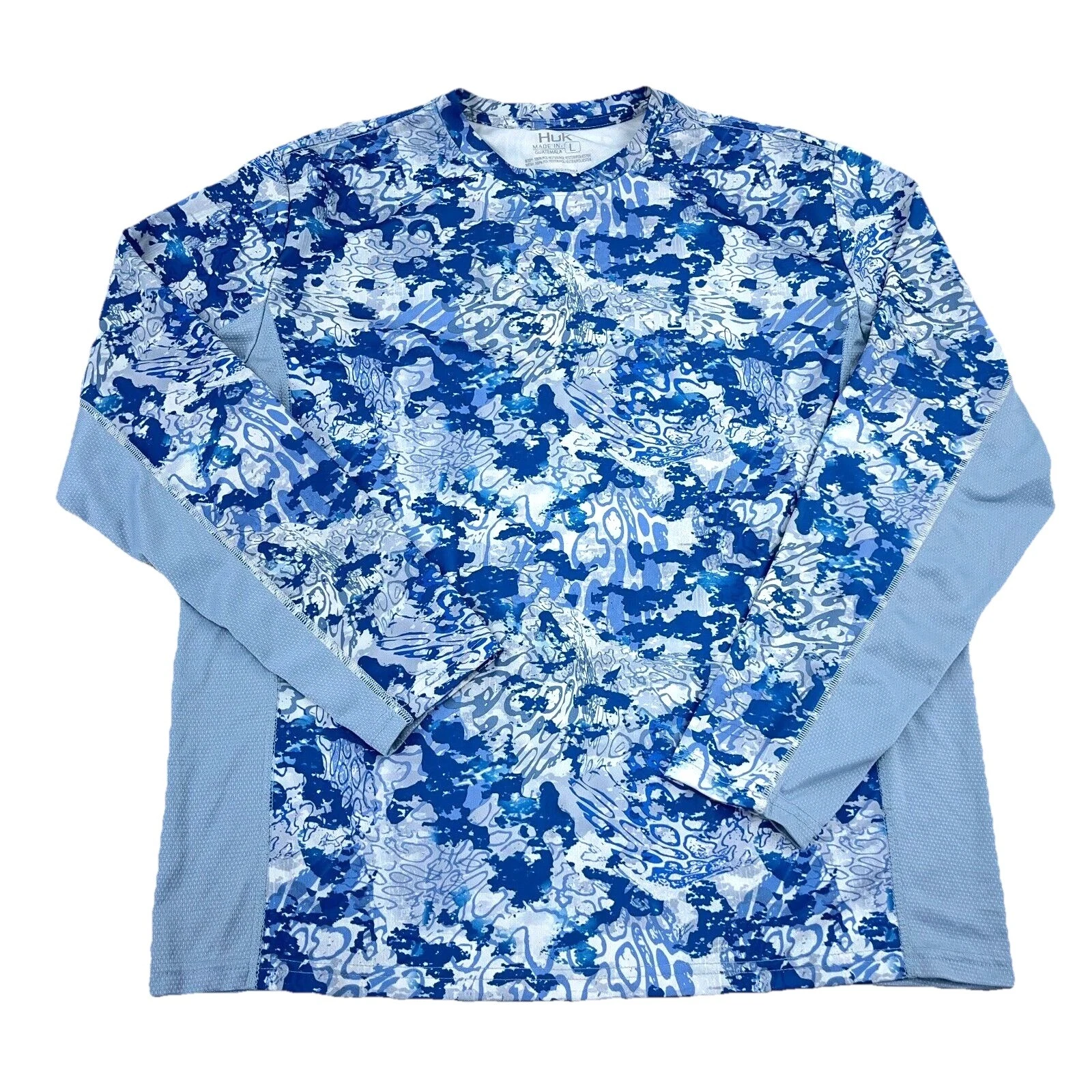Huk Shirt Men Large Blue Camo Tee Quick Dry Performance Fishing Spell Out Water*