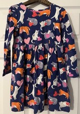Mini Boden Girls Long Sleeve Jersey Dress Navy Cat Hearts 6-7 Years