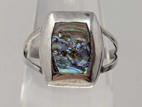 Vintage Taxco Mexico Sterling Silver Abalone Ring Size 6.75 Modernist Square