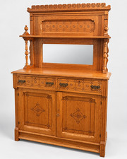 Antique Oak Sideboard Buffet with Beveled Mirror & Carved Details Arts & Crafts
