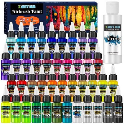 X ARTY HUB Airbrush Paint Set, 42 Acrylic Paints with 4.05 fl oz Thinner