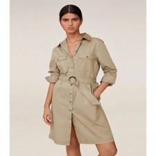 Mango Belted Utility Shirt Dress Women's Size 4 Tan Long Sleeve Midi Casual