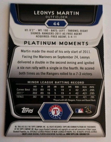 Leonys Martin 2012 Platinum Moments MLB ERROR RC Card No. 44 - Picture 2 of 2