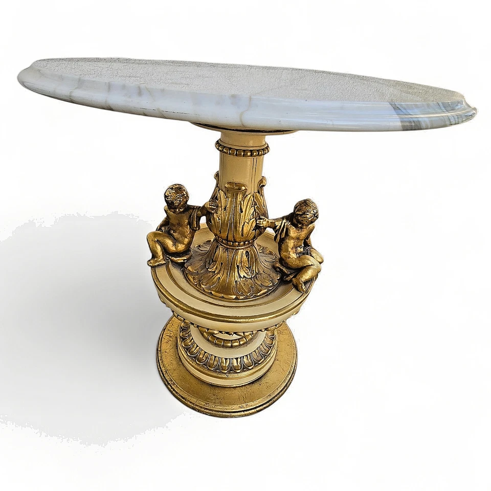 Vintage 1968 Fuggiti Studios Marble Top Cherub Table Hollywood Regency Gilt  - Image 2 of 4