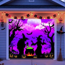 7x8ft Halloween Garage Door Cover, Witch Garage Door Cover Hanging Witch