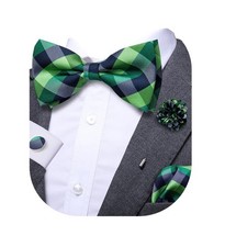 Black Green Checks Bowtie for Men Paisley Mens Pretied Bowtie and Lapel Pin P...