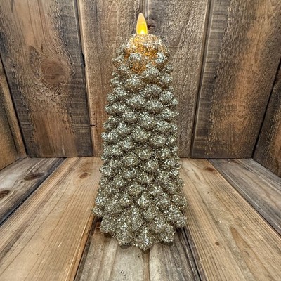 POTTERY BARN FLICKERING FLAMELESS FROSTED TREE CANDLE, LARGE 9''~ GOLD GLITTER