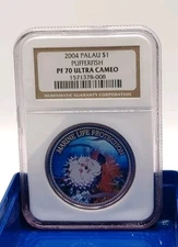 2004 Palau Marine Life Protection Pufferfish $1 NGC PF70 Ultra Cameo