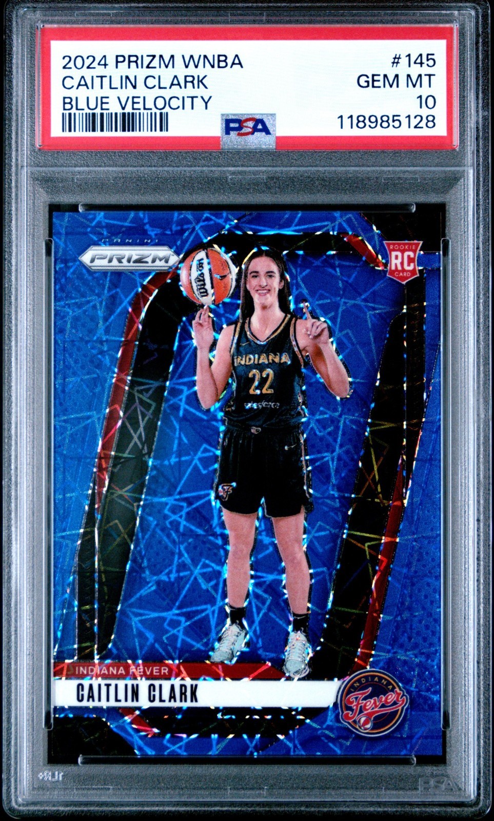 Caitlin Clark 2024 Panini Prizm Blue Velocity #145 Rookie (RC) PSA 10