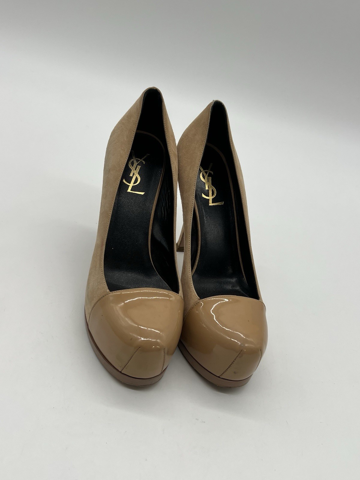 Yves Saint Laurent Tribtoo Tan Suede Patent Leather Captoe Shoes US 6.5