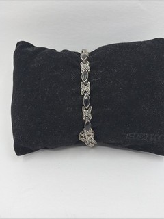 sterling silver 925 "X O" marcasite black onyx link bracelet (9in 15.91g)