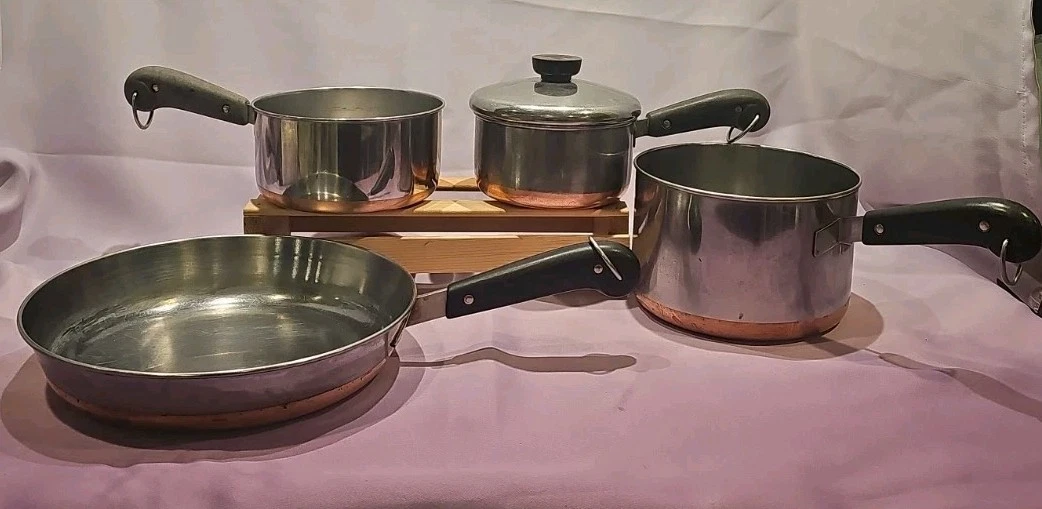 Revere Ware 1801 Copper Bottom Cookware Pot Pan Set Vtg. 3 Pots 1 Pans 1 Lid