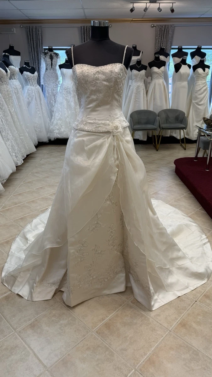 knee length dresses for ladies Zapaka Women Court Train Ivory Wedding Dress with Slit Sleeveless Satin Strapless Back Zipper Bridal Dress, Ivory / US24W