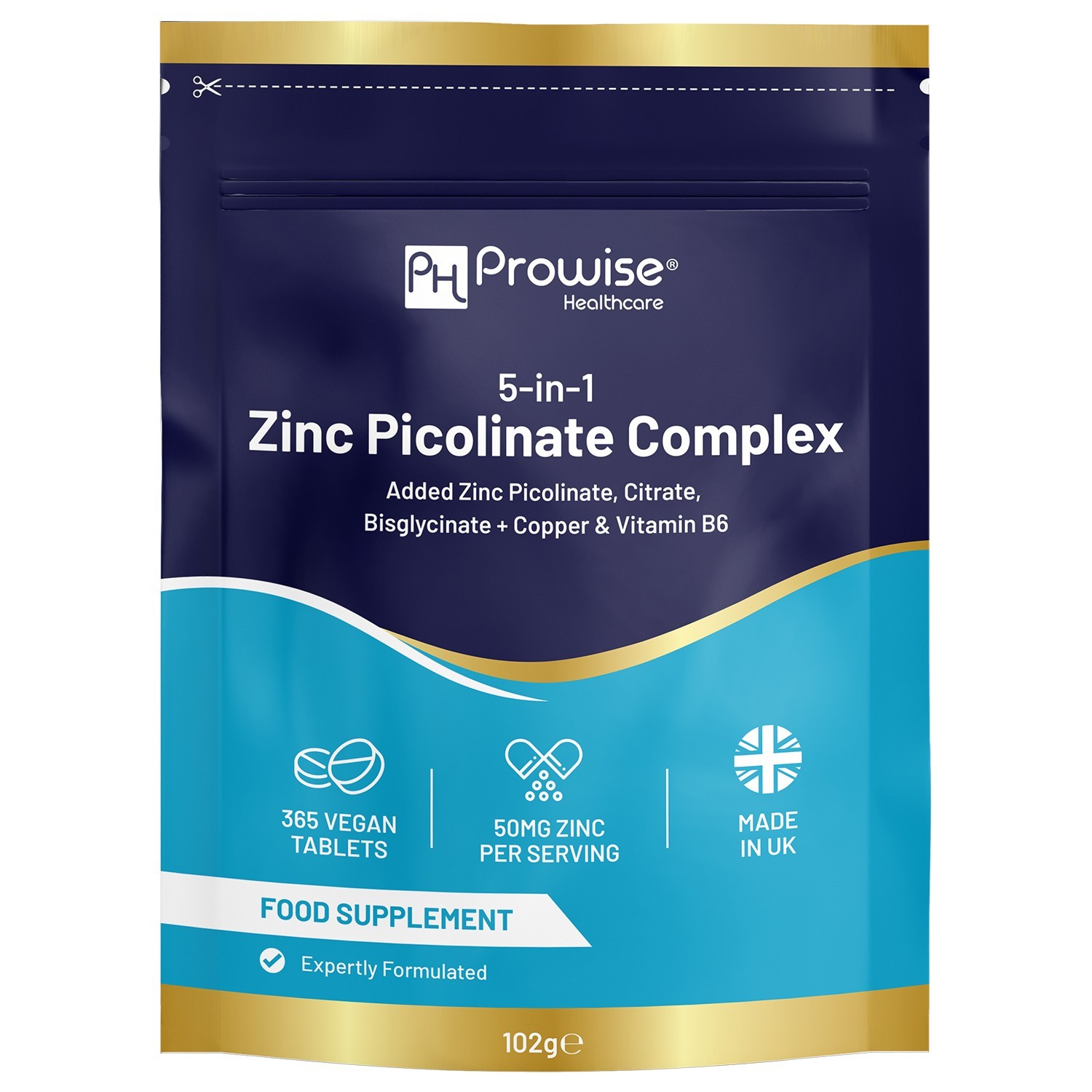 5-in-1 Zinc Picolinate Complex 50 mg | 365 Vegan Tablets | Made in UK by Prowise