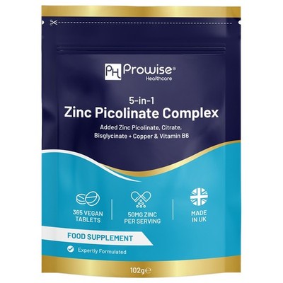 5-in-1 Zinkpicolinat Komplex 50 mg | 365 vegane Tabletten | Made in UK by Prowise