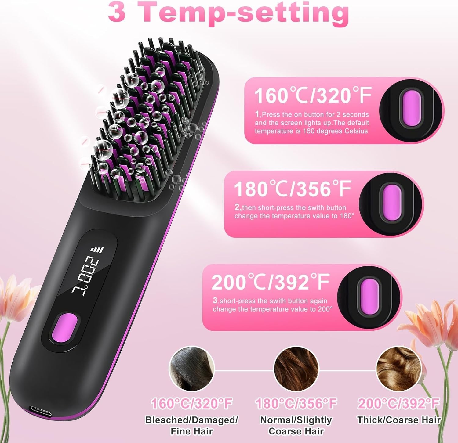 Peigne chauffant rechargeable NouriBrush avec fonction ionique anti-frisottis pour cheveux doux
