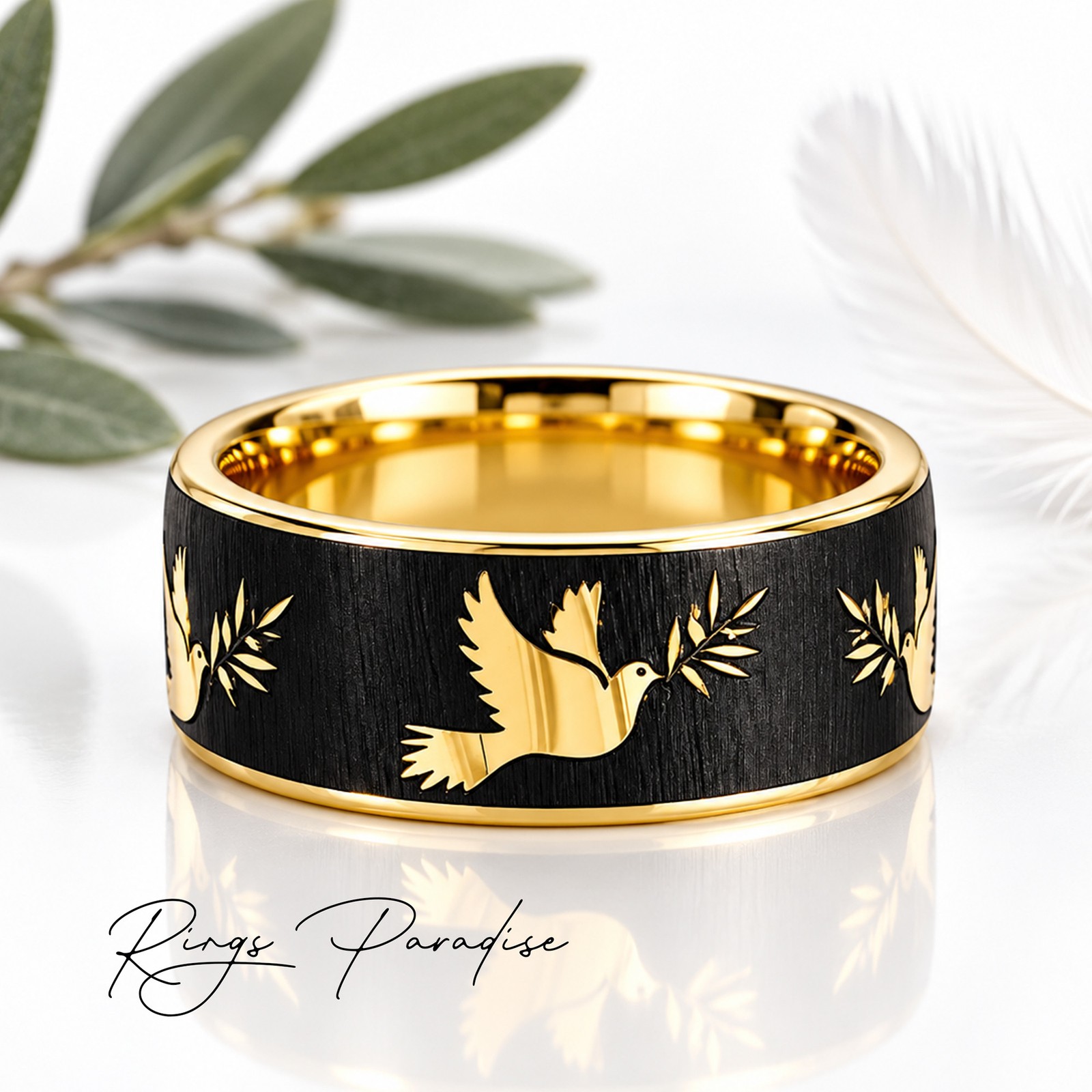 Noah’s Ark Dove of Peace Tungsten Ring | Yellow Gold Olive Branch Wedding Band