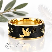 Noah’s Ark Dove of Peace Tungsten Ring | Yellow Gold Olive Branch Wedding Band