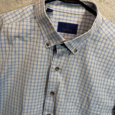 David Donahue Mens XXL Button Down Plaid Shirt Long Sleeve Blue Beige