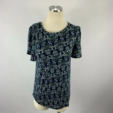 LOFT Outles XS Blue Floral Blouse Split Sleeve Short Sleeve STRETCH