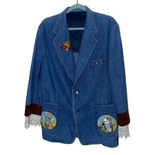 Lee Set Blazer Womens Size Large Vintage Upcycled Denim Patch Embroidered Lace
