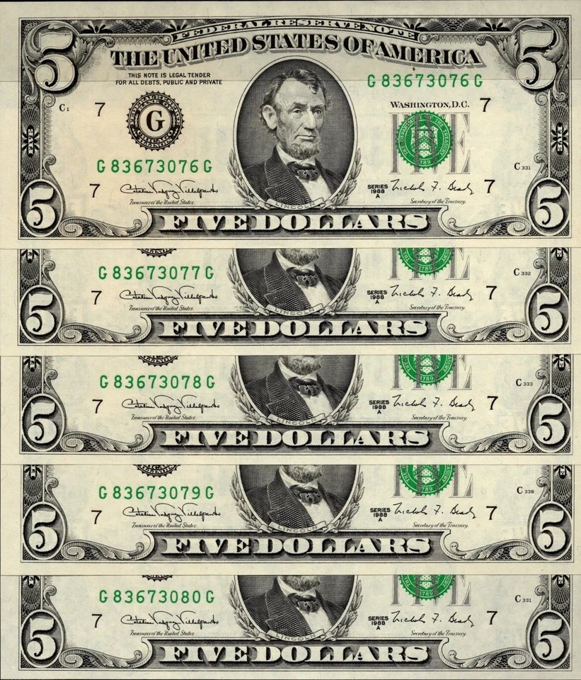 USA 1988 A $5.00 FEDERAL BANK OF CHICAGO, ILLINOIS 5 CONSECUTIVE BANK NOTES UNC - Image 2 of 4