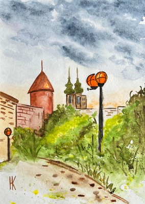 Hungary Painting Eger Original Art Castle Watercolor Rooftops Cityscape 8x12 in
