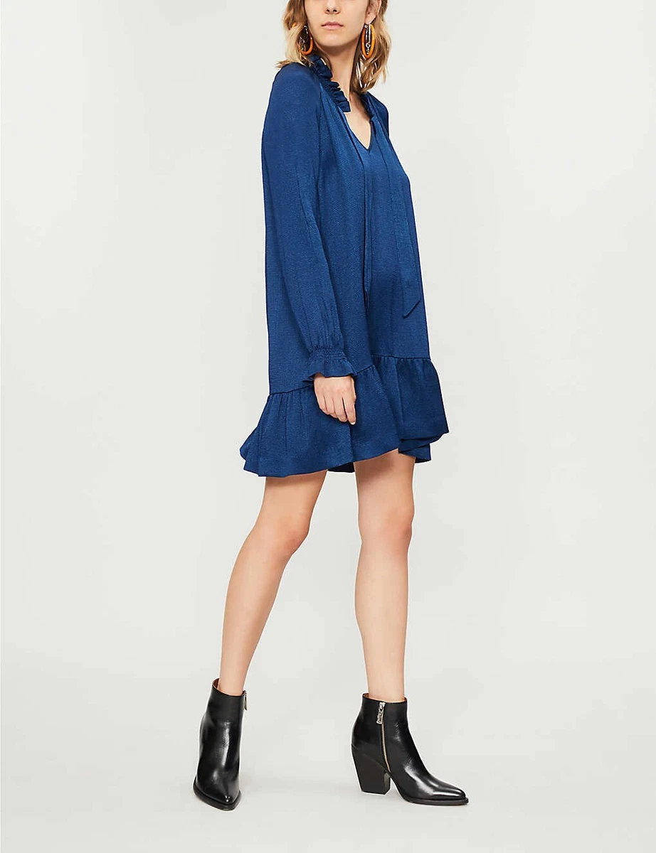 SANDRO Butterfly Frilled trim Satin Dress size 36 in royal blue eBay