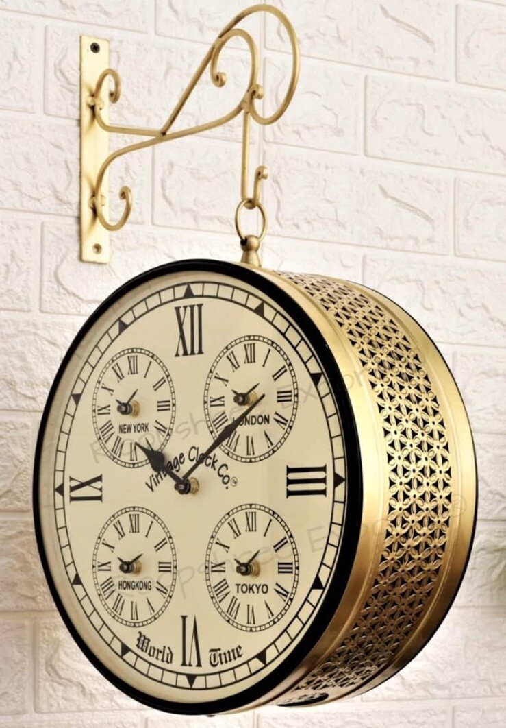 Wall Clock Brass Finish Victoria Station Double Sided World Time Home Decor Item-image