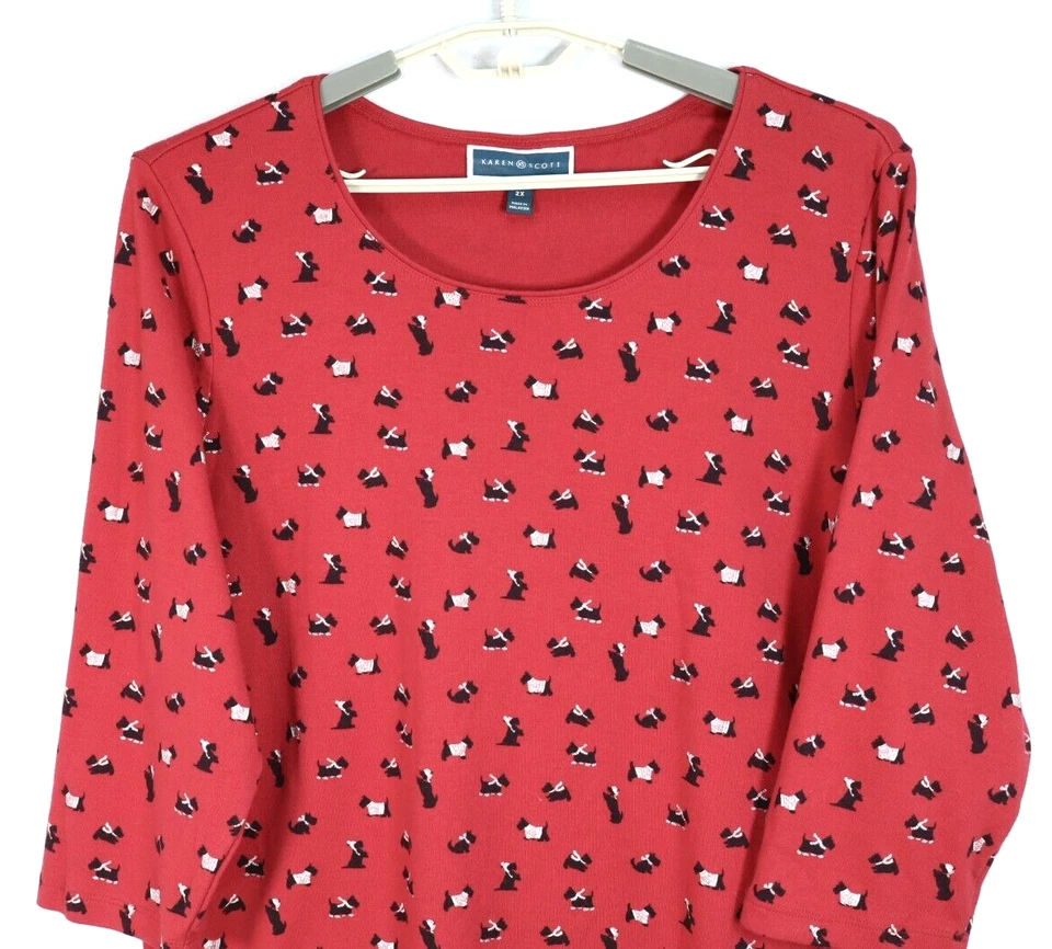 KAREN SCOTT Mujer Algodón Poliéster Túnica Manga 3/4 Cachorro Perro Amante Rojo 2X Foto 3 de 4