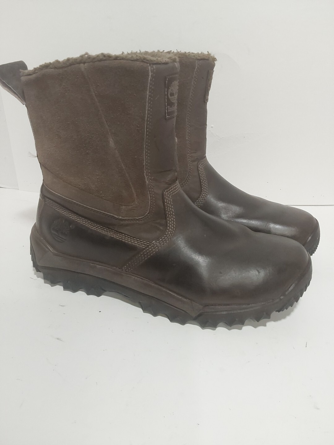TIMBERLAND BROWN LEATHER SIDE ZIP FAUX FUR LINED MENS BOOTS