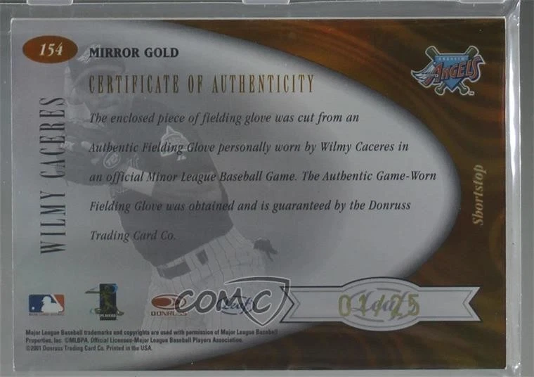 2001 Leaf Certified Materials Mirror Gold /25 Wilmy Caceres #154 Rookie RC - Image 2 of 2