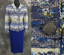 BEAUTIFUL St John knit blue yellow white fringe jacket skirt suit size 8