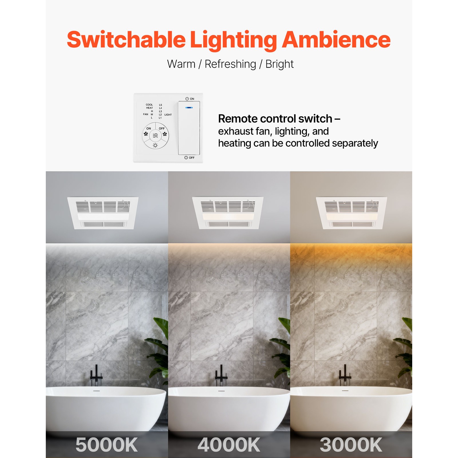 Uimoso Bathroom Exhaust Fan with Light and Heater, 80-110 CFM, 1500W DC Motor