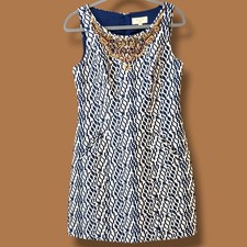 Anthropologie Blue Patterned Beaded Jacquard Sleeveless Shift Dress Office