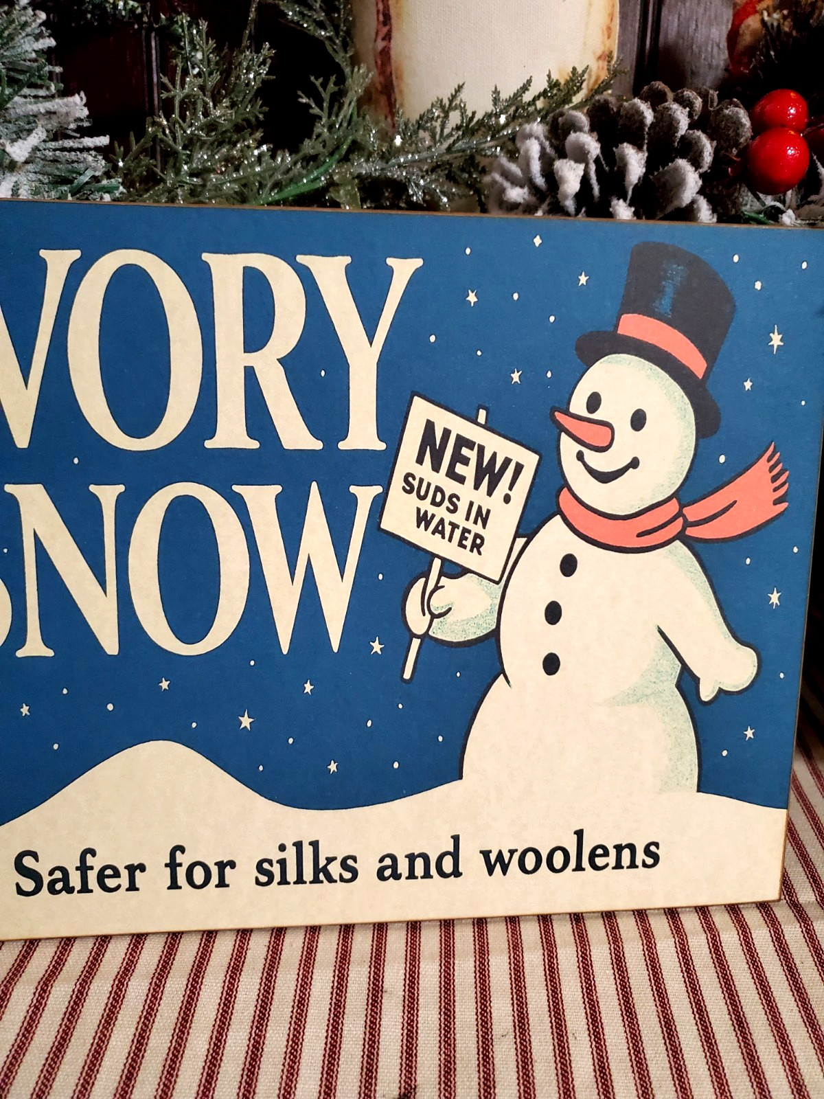 CUTE OLD PRIMITIVE SHABBY RETRO VINTAGE STORE STYLE CHRISTMAS IVORY SNOWMAN SIGN