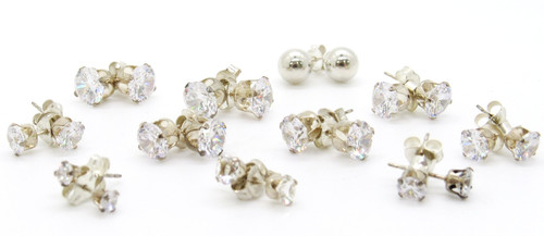 LOT OF 11 PAIRS STERLING SILVER .925 MULTI-SIZE CLEAR STONE BALL STUD EARRINGS