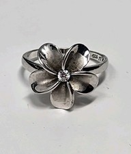 Rhodium Plated Sterling Silver Hawaiian Plumeria Flower Ring Cubic Zirconia Sz 8