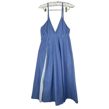 ZARA Dress Women's Size S Blue Striped Poplin Cotton Midi V-Neck Sleeveless