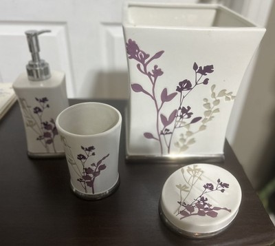 Set 4 Bathroom Accessories Pieces by Modern Loft Lilac Purple & Tan Ceramic 