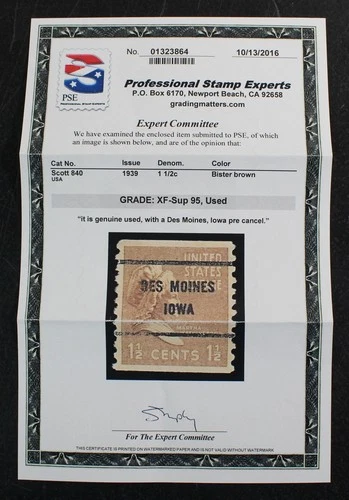 CKStamps: US Stamps Collection Scott#840 Used PSE Cert Grade 95