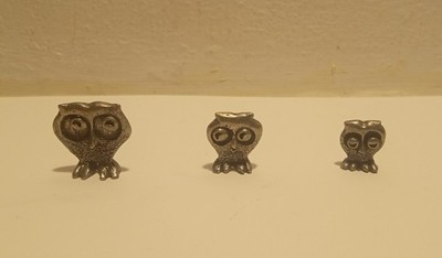 Rare! Set of 3 Brad Oldham Pewter Owl Miniature Figurines, 7/8'', 6/8'', 5/8'' tall
