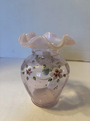FENTON VASE PINK OPALESCENT DOTTED SWISS SIGNED BILL FENTON HP CHRISTOPHER