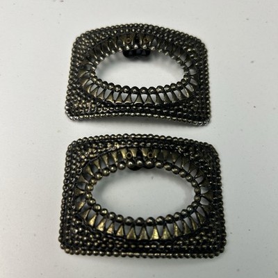 VTG Gold Tone Rectangular Hammered Small Dots  Shapes Shoe Clips 1800s Unsigned