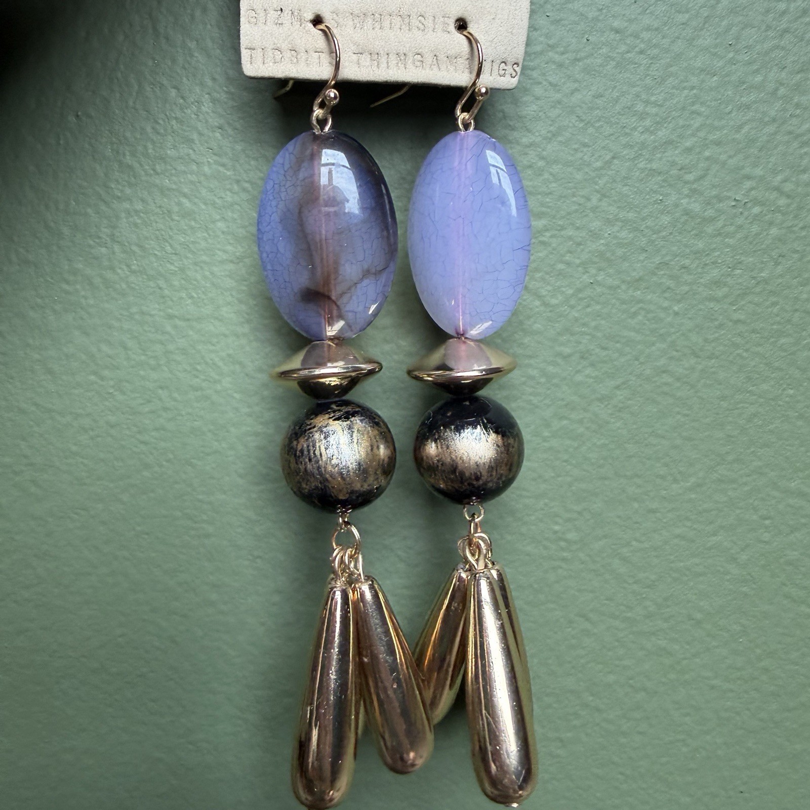 Anthropologie Purple Haze Beaded Earrings Dangle Drop Gold Black Tone