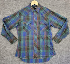 Vintage 80s Wrangler Shirt Mens Medium Blue Green Plaid Pearl Snap Western Flaw